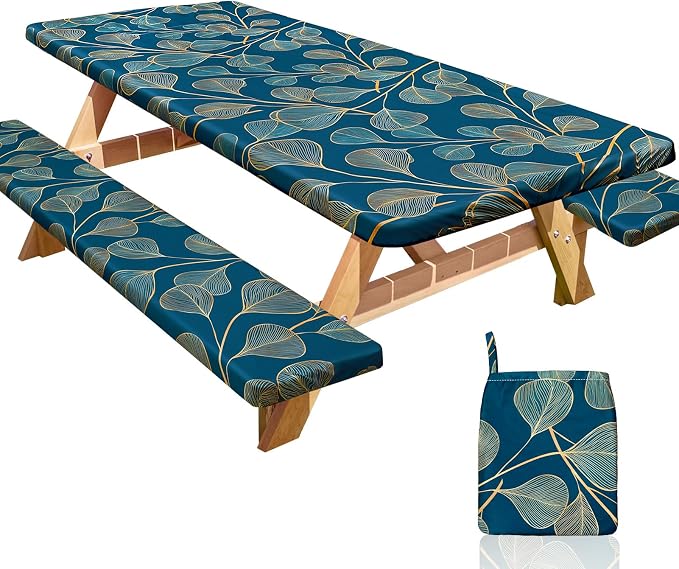 Picnic Table and Bench Cover Set, Waterproof Fitted Elastic Cloth | Portable Camping Essentials With Built-In Storage Pocket And Waterproof Fabric For Outdoor RV Or Picnic Table Use