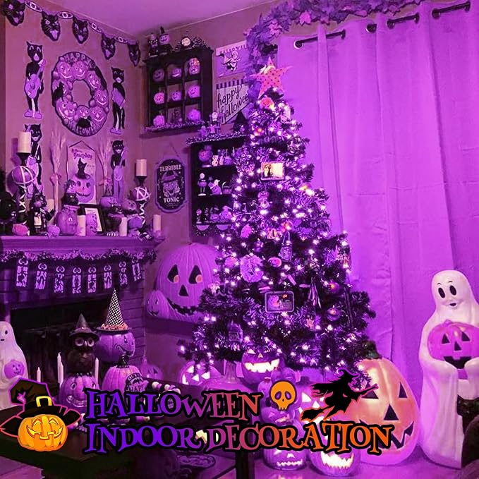 Upgraded Connectable 200 LED Halloween String Lights Outdoor Indoor, 66FT Purple Halloween Decorations Lights 13 Modes, Waterproof Twinkle Fairy Lights Plug in Clear Wire for Tree, Bedroom Decoration