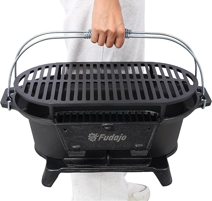 Oval Cast Iron Grill Outdoor, Portable Charcoal Grill and Tabletop Cast Irons Skillet - 100% Cast Irons, Enameled, Durable, Small Charcoal Grill, Camping Stove, Hibachi Grill