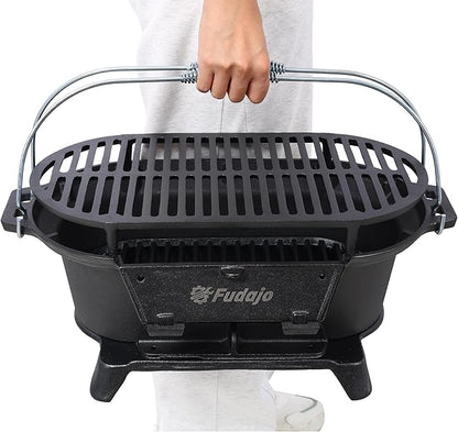 Oval Cast Iron Grill Outdoor, Portable Charcoal Grill and Tabletop Cast Irons Skillet - 100% Cast Irons, Enameled, Durable, Small Charcoal Grill, Camping Stove, Hibachi Grill