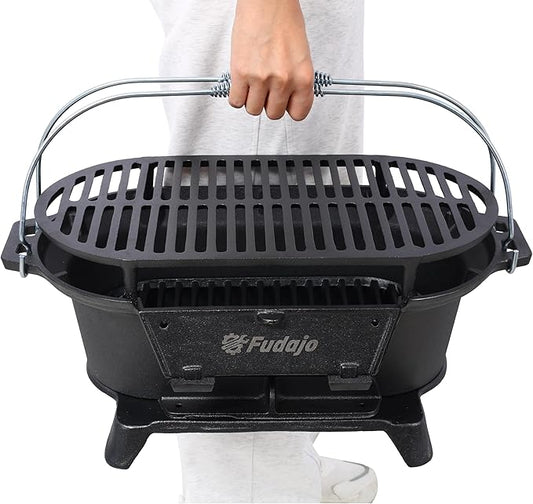 Oval Cast Iron Grill Outdoor, Portable Charcoal Grill and Tabletop Cast Iron Skillet - 100% Cast Iron, Enameled, Durable, Small Charcoal Grill, Camping Stove, Hibachi Grill
