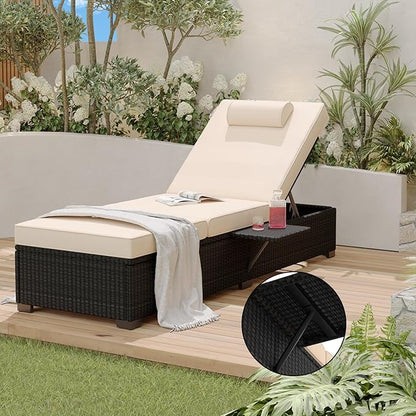 PeakPursuit Patio Lounge Chairs,Outdoor PE Wicker Chaise Lounge Set of 2,Chaise Lounge Chair Outdoor，Pool Furniture,Brown Rattan Recliners with Adjustable Backrest,Storage Table,Beige