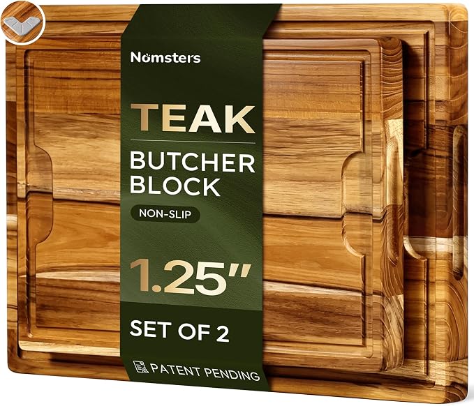 2-Piece Teak Cutting Board Set, Butcher Blocks with Juice Groove | 1.25” Thick Cutting Board for Meat and Brisket, End Grain Cutting Board for Kitchen, Wooden Cutting Board for Carving