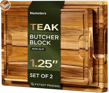 2-Piece Teak Cutting Board Set, Butcher Blocks with Juice Groove | 1.25” Thick Cutting Board for Meat and Brisket, End Grain Cutting Board for Kitchen, Wooden Cutting Board for Carving