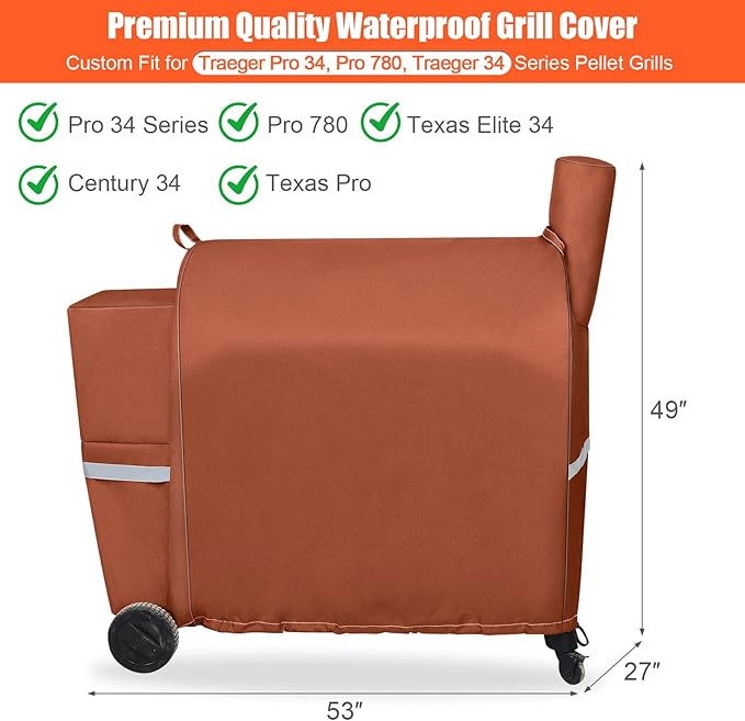 QuliMetal Pellet Grill Cover for Traeger Pro 34/780, Texas Elite 34, Eastwood 34 Series Pellet Grills, Z Grills 700/550/600, 600D Fade Resistant Full Length Grill Cover with Elastic Drawstrings, Brown
