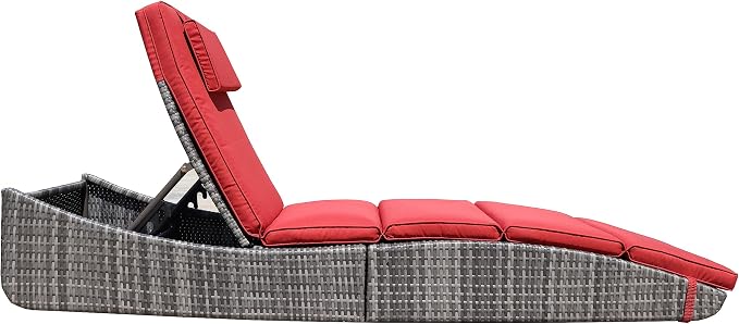 BTEXPERT Set of 2,Foldable Outdoor Chaise Pool Lounge Chair Folding Wicker Rattan Sun Bed Patio Couch Reclining Lounger Adjustable Padded Backrest Pillow Assembled - Red Burgundy