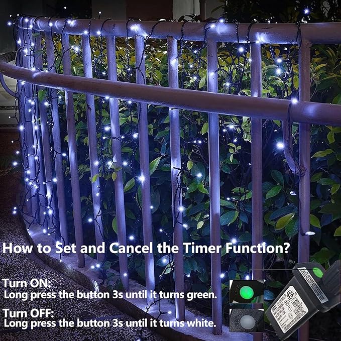 YEGUO 66ft 200 LED White String Lights Outdoor Waterproof, Green Wire Christmas Lights Indoor, 8 Modes Twinkle Tree Lights Plug in with Memory Timer