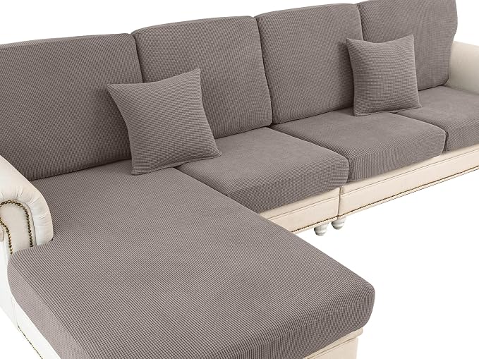 LA MEACK Couch Cushion Cover Chaise Lounge Cover Washable Separate Seat Chaise Couch Cover Stretch Sectional Sofa Slipcover(1 Piece for Chaise or Sofa 3-Seater, Taupe)