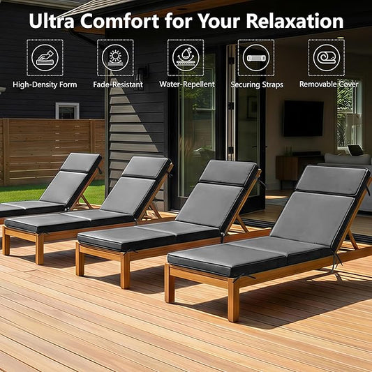 80 x 26 Inch Outdoor Chaise Lounge Cushions Set of 4 - Removable Cover, 4-Section Design, Water-Repellent & Fade-Resistant, 6 Tie Straps, Replacement for Patio & Pool Chairs - Dark Grey