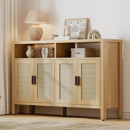 Rattan Buffet Cabinet with Storage, Sideboard with Doors, Console Table, Farmhouse Coffee Bar, Modern Wood Storage Cabinets(Oak 2.0)