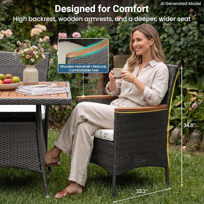 Wisteria Lane 5-Pieces Patio Table and Chairs Set, Rattan Patio Table Set with Acacia Wood Tabletop, Patio Outdoor Dining Set for 4, Patio Furniture Set with Cushions for Deck Garden Backyard, Grey