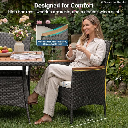 Wisteria Lane 5-Pieces Patio Table and Chairs Set, Rattan Patio Table Set with Acacia Wood Tabletop, Patio Outdoor Dining Set for 4, Patio Furniture Set with Cushions for Deck Garden Backyard, Grey
