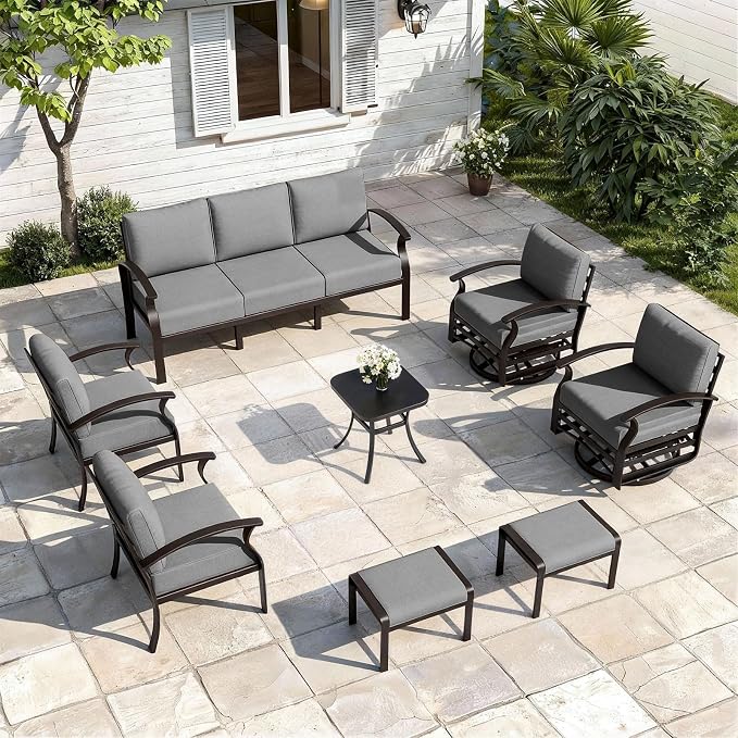 ALAULM Aluminum Patio Furniture Set with 2 Swivel Chairs 9-seat Metal Outdoor Furniture Patio Sectional Sofas Patio Conversation Set w/2 Ottomans for Patio, Backyard, Poolside-Grey