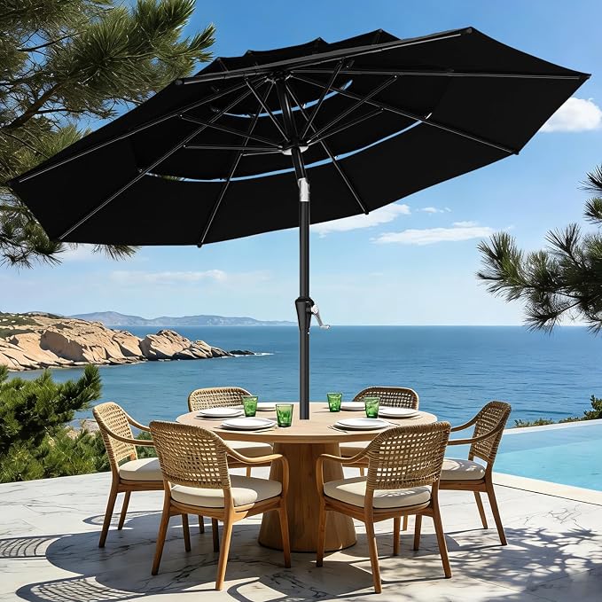 AreShark 9ft 3-Tier Patio Umbrellas, Outdoor Umbrella with 8 Sturdy Ribs UV Protection Windproof, Market Table Umbrella w/Push Button Tilt & Crank for Pool, Porch, Deck, Garden(Black)