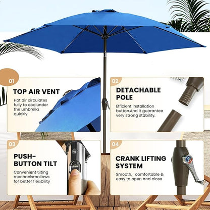 Ayge 7.5FT Large Outdoor Patio Umbrella Market Table Umbrella-UV Resistant, Easy Push Button Tilt and Crank, 6 Sturdy Fiberglass Ribs Heavy-Duty Pool Umbrella for Deck, Backyard,Garden, Yard,Blue