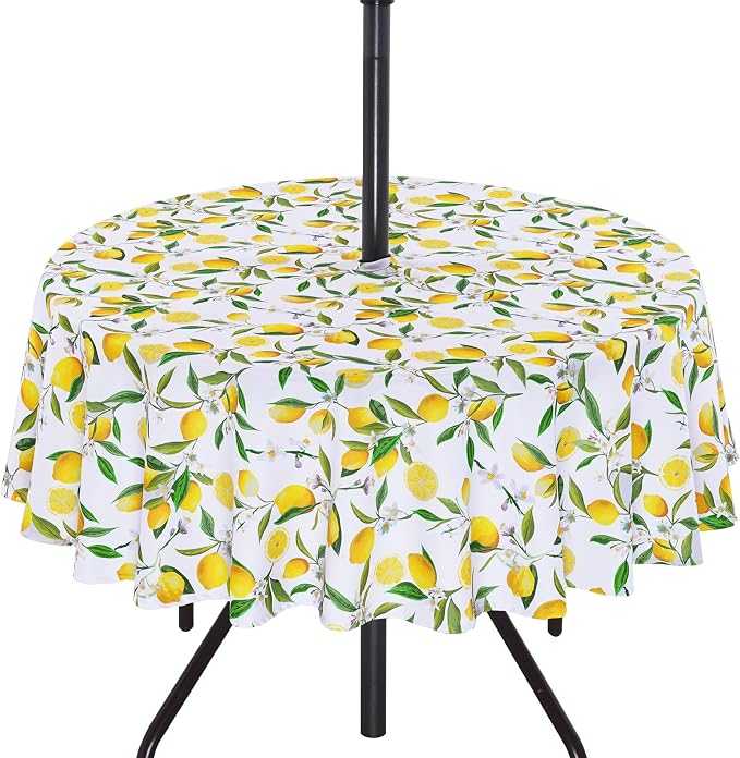 SquarePie 60 inch Round Outdoor Tablecloth with Umbrella Hole - Waterproof Patio Table Cover for Spring Summer Garden Camping Poolside Picnic BBQS, Summer Lemon