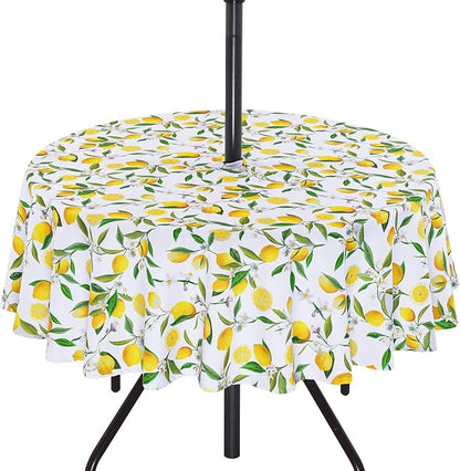 SquarePie 60 inch Round Outdoor Tablecloth with Umbrella Hole - Waterproof Patio Table Cover for Spring Summer Garden Camping Poolside Picnic BBQS, Summer Lemon
