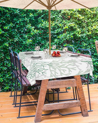 Sage Green Coastal Outdoor Tablecloth - 60x120 Inch Rectangle Waterproof Dining Table Cover, Sea Turtle Nautical Coral Beach Starfish Outdoor Table Cloth with Umbrella Hole&Zipper for Patio