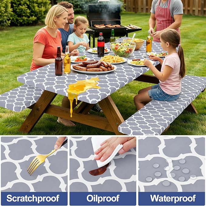 Smiry Picnic Table Cover with Bench Covers, Waterproof Elastic Fitted Tablecloth for 6 Foot Tables, Washable Polyester Tablecloths for Camping, Indoor & Outdoor (Grey, 30x72 Inch 3-pc Set)
