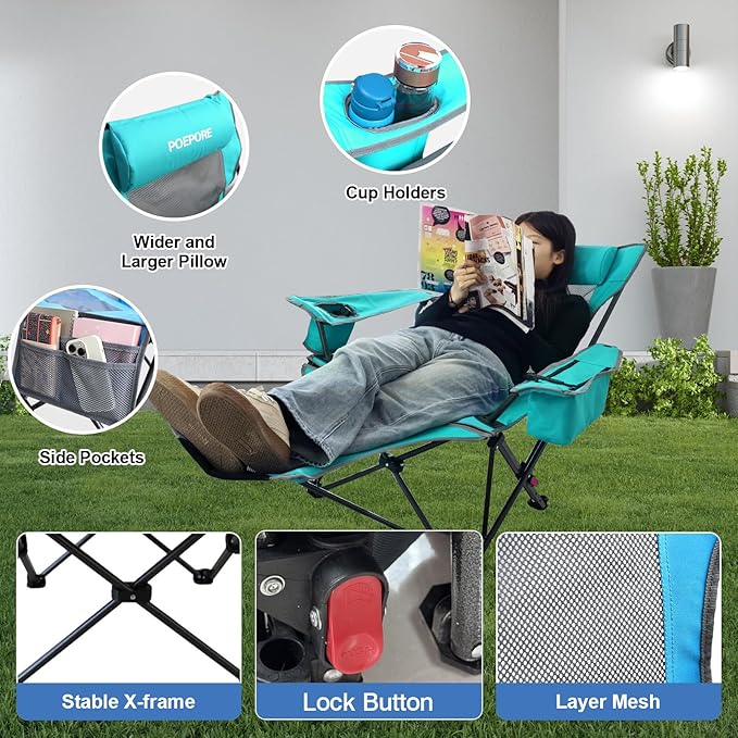 Reclining Camping Chair 4 Position with Foot Rest Comfortable for Adults 265Ibs Folding Lounger Mesh Beach Chair with Cooler Bag and Cup Holder for Outdoor Patio