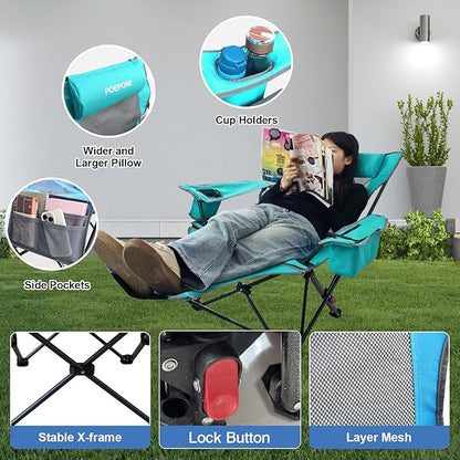 Reclining Camping Chair 4 Position with Foot Rest Comfortable for Adults 265Ibs Folding Lounger Mesh Beach Chair with Cooler Bag and Cup Holder for Outdoor Patio