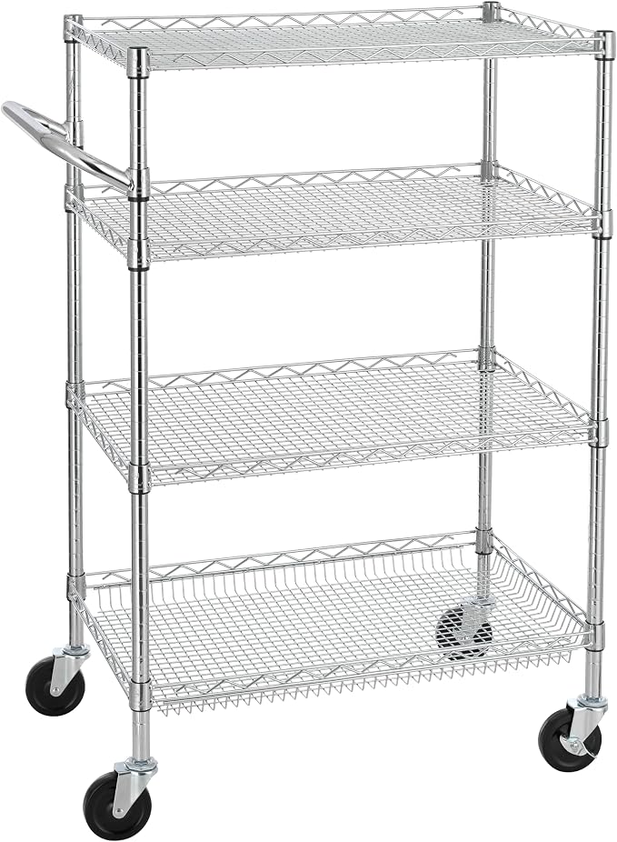 Finnhomy 4 Tier Heavy Duty Commercial Grade Rolling Cart with Handle Bar, Metal Wire Utility Cart with Wheels, Service Trolley on Wheels, Shelf Size 18" D x 30" W, NSF Listed, Chrome