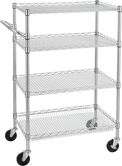 Finnhomy 4 Tier Heavy Duty Commercial Grade Rolling Cart with Handle Bar, Metal Wire Utility Cart with Wheels, Service Trolley on Wheels, Shelf Size 18" D x 30" W, NSF Listed, Chrome