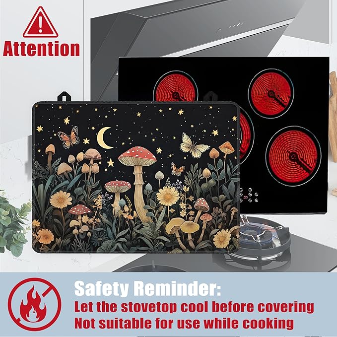 Mystery Mushroom Glass Top Stove Cover Protector,Starry Sky Night Heat Resistant Stove Top Cover, Large Size Range Covers for Electric Stove Countertop Mat, 28 x 20 Inch