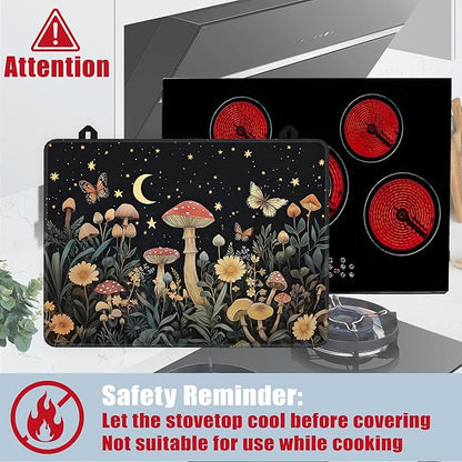 Mystery Mushroom Glass Top Stove Cover Protector,Starry Sky Night Heat Resistant Stove Top Cover, Large Size Range Covers for Electric Stove Countertop Mat, 28 x 20 Inch