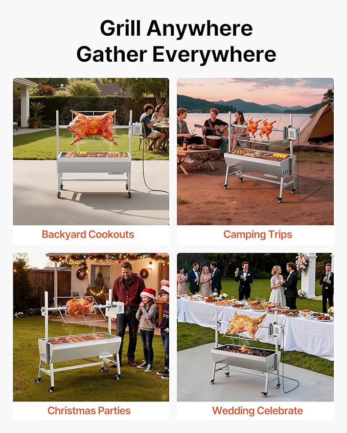 VEVOR Rotisserie Grill, 38W Stainless Steel BBQ Outdoor Pig & Lamb Spit Roaster, 132 LBS Capacity Charcoal Spit Roaster with Wheels & 7-Level Height, Electric Rotisserie Grill Kit for Camping Outdoor