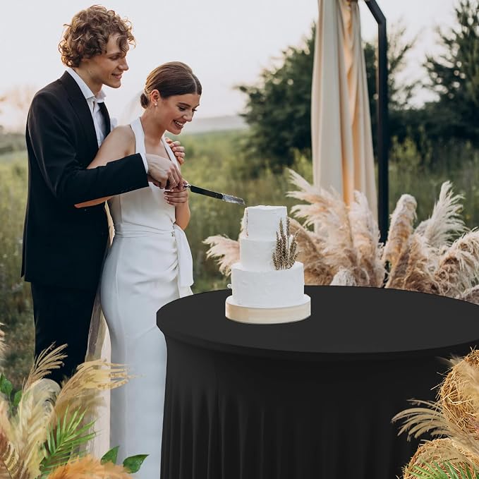Fitted Black Spandex Table Skirts for Wedding Party,72 Inch Round,4 Pack | Spandex Table Covers, For 6 Ft Wedding Cake Tables, Wrinkle Resistant, Ruffle Design Banquets, Baby Showers, Parties