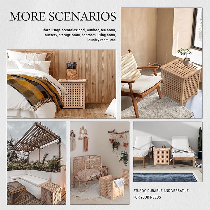 Wooden Grid Side Table for Indoor/Outdoor,Small Coffee Table for Boho Corner/Patio/Living Room,Storage Bin Deck Box for Cushions,Toys,Furniture Covers,Etc.Original Wood Color