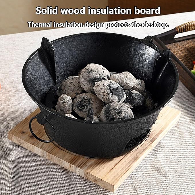 Removable Round Charcoal Barbecue Grill Hibachi Grill Portable Desk Tabletop BBQ Grill with Handle Wooden Anti-scalding Baseplate for Camping Picnics Garden Beach Party(Small)