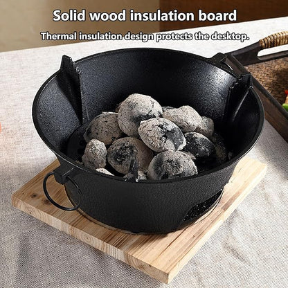 Removable Round Charcoal Barbecue Grill Hibachi Grill Portable Desk Tabletop BBQ Grill with Handle Wooden Anti-scalding Baseplate for Camping Picnics Garden Beach Party(Small)