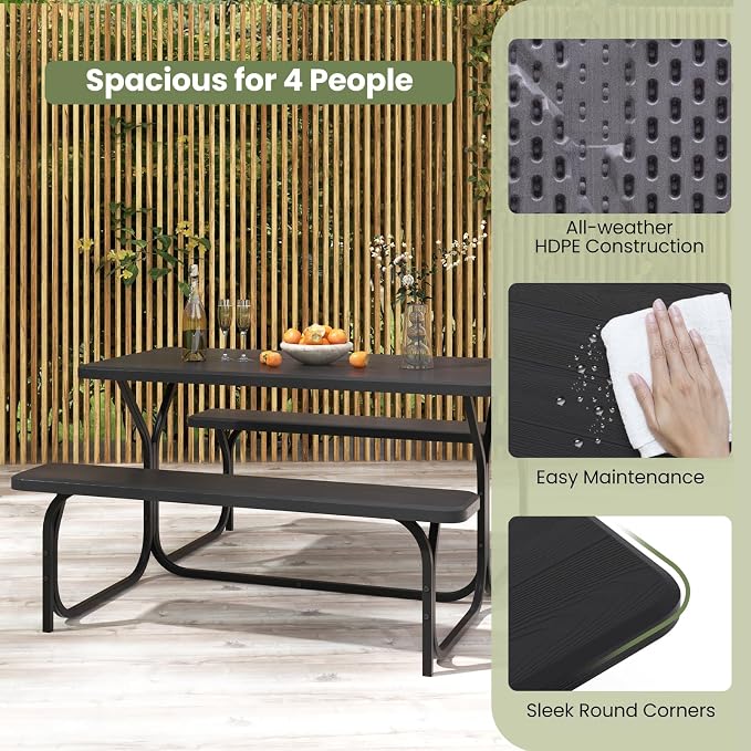 Picnic Table, Outdoor Dining Table with 2 Benches, Wood Grain Tabletop, Heavy Duty Metal Frame, Portable Picnic Table for Outdoors Backyard Garden Lawn Patio Poolside Deck (Black)