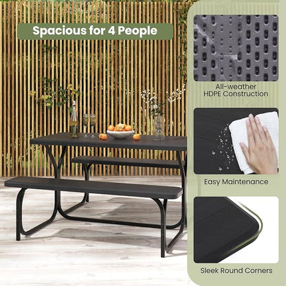 Picnic Table, Outdoor Dining Table with 2 Benches, Wood Grain Tabletop, Heavy Duty Metal Frame, Portable Picnic Table for Outdoors Backyard Garden Lawn Patio Poolside Deck (Black)