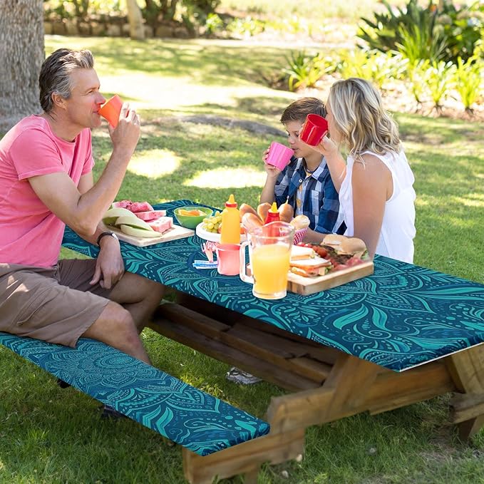 Picnic Table Cover with Bench Covers Elastic Edges, Boho Teal Camper Fitted Table Cover, Outdoor Camping Essentials 72 Inch 3PCS, Waterproof Camping Fitted Tablecloth with Drawstring Bag