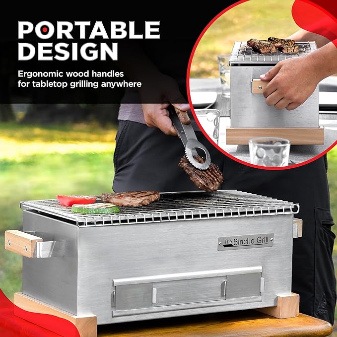 The Bincho Grill 16" Mini Yakitori Grill – Stainless Steel Mini Tabletop Charcoal BBQ with Charcoal Box, Optimized Airflow & Cool-Touch Base - Perfect for Japanese Grilling, Skewers, Meat, Seafood