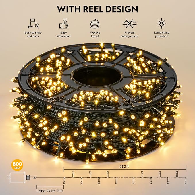 JMEXSUSS 800 LED Outdoor Christmas Lights, Warm White Christmas Tree Lights | 272ft, 8 Modes, Remote Control, Green Wire, Waterproof Led String Lights for Outside Indoor Xmas Party Tree Decor