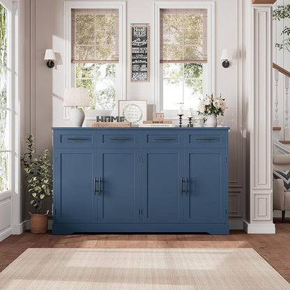HOSTACK 60" Large Buffet Sideboard with Storage, 36" Tall Kitchen Buffet Storage Cabinet with 4 Drawers, Modern Coffee Bar Cabinet with Black Handles, Long Sideboard Buffet Table for Kichen, Blue