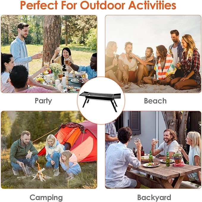 Portable Charcoal BBQ Grill, Foldable BBQ Grill with Stainless Steel Grill Net, Charcoal Drawer Tray & Food Trays, Easy Setup Barbecue Grill for Camping Picnic Outdoor Party Backyard (34.25x8.85x12in)