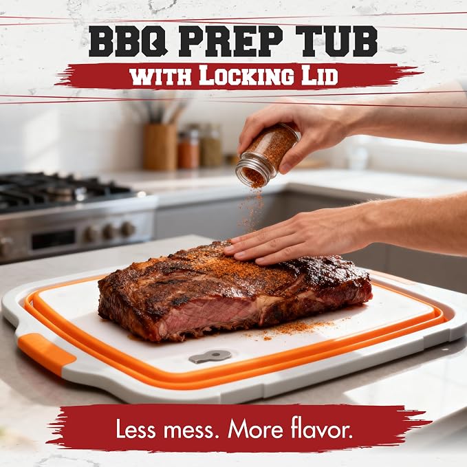 Collapsible XL Smoker & BBQ Prep Tub with Locking Lid | Includes Cutting Board, Meat Marinade & Brine Container For Turkey, Brisket & Ribs - Best Grill Accessories Gifts For Men