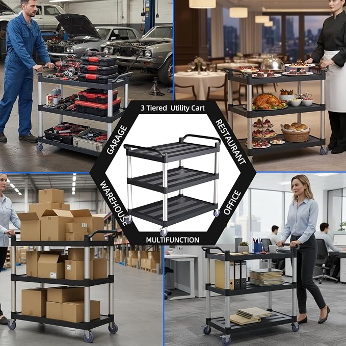 Utility Cart with Tangle-Free Wheels, Large Size 3 Tier Restaurant Cart | 2 with Brakes, Heavy Duty 450 Lbs Capacity,Commercial Serving Cart for Home, Office, Restaurant, Warehouse.