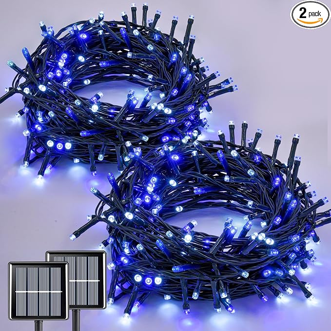 QITONG 2 Pack Blue and White Solar Christmas Lights, Each 66ft 200 LED Solar String Lights Outdoor Waterproof, 8 Modes Solar Twinkle Light for Outside