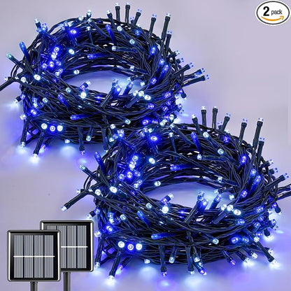 QITONG 2 Pack Blue and White Solar Christmas Lights, Each 66ft 200 LED Solar String Lights Outdoor Waterproof, 8 Modes Solar Twinkle Light for Outside