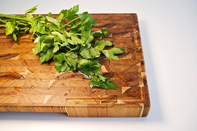 XXL Teak Wood Cutting Board, 24 x 15 Inch (ExtraThick 1.7") Hardwood Butcher Block for Meat, Cheese, Charcuterie Heavy Duty End Grain Non Toxic Wood Chopping Board with Handle (Oil & Plate included)