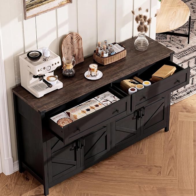 ChooChoo 55" W Coffee Bar Cabinet, Kitchen Storage Cabinet with 2 Drawers | Farmhouse Sideboard Buffet Cabinet, Adjustable Shelf & 4 Doors, Vintage Black