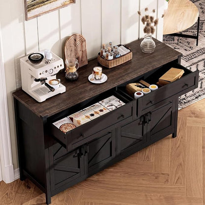 ChooChoo 55" W Coffee Bar Cabinet, Kitchen Storage Cabinet with 2 Drawers | Farmhouse Sideboard Buffet Cabinet, Adjustable Shelf & 4 Doors, Vintage Black