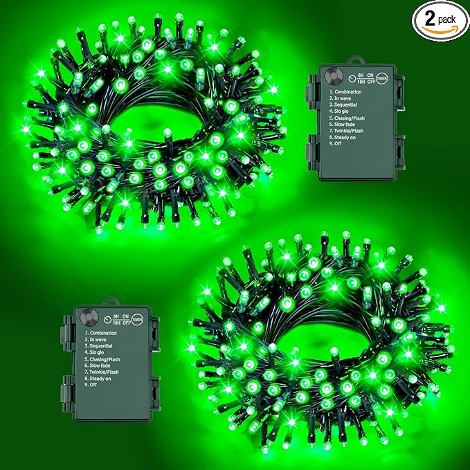 Christmas Lights String Total 100LED Battery Operated Outdoor 8 Modes with Timer 16.4Ft*2, 50LED*2 Waterproof Fairy Lights Indoor for Christmas Decor, Green, 2-Pack
