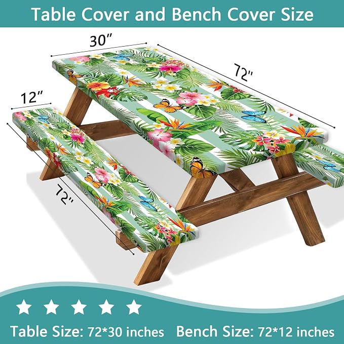 Picnic Table Cover with Bench Covers, Camping Essentials Hawaiian Luau Tropical Palm Leaves Flower Butterfly Waterproof Windproof Fitted Tablecloth Cover with Elastic Edge for Outdoor 3 PCS 30x72 Inch